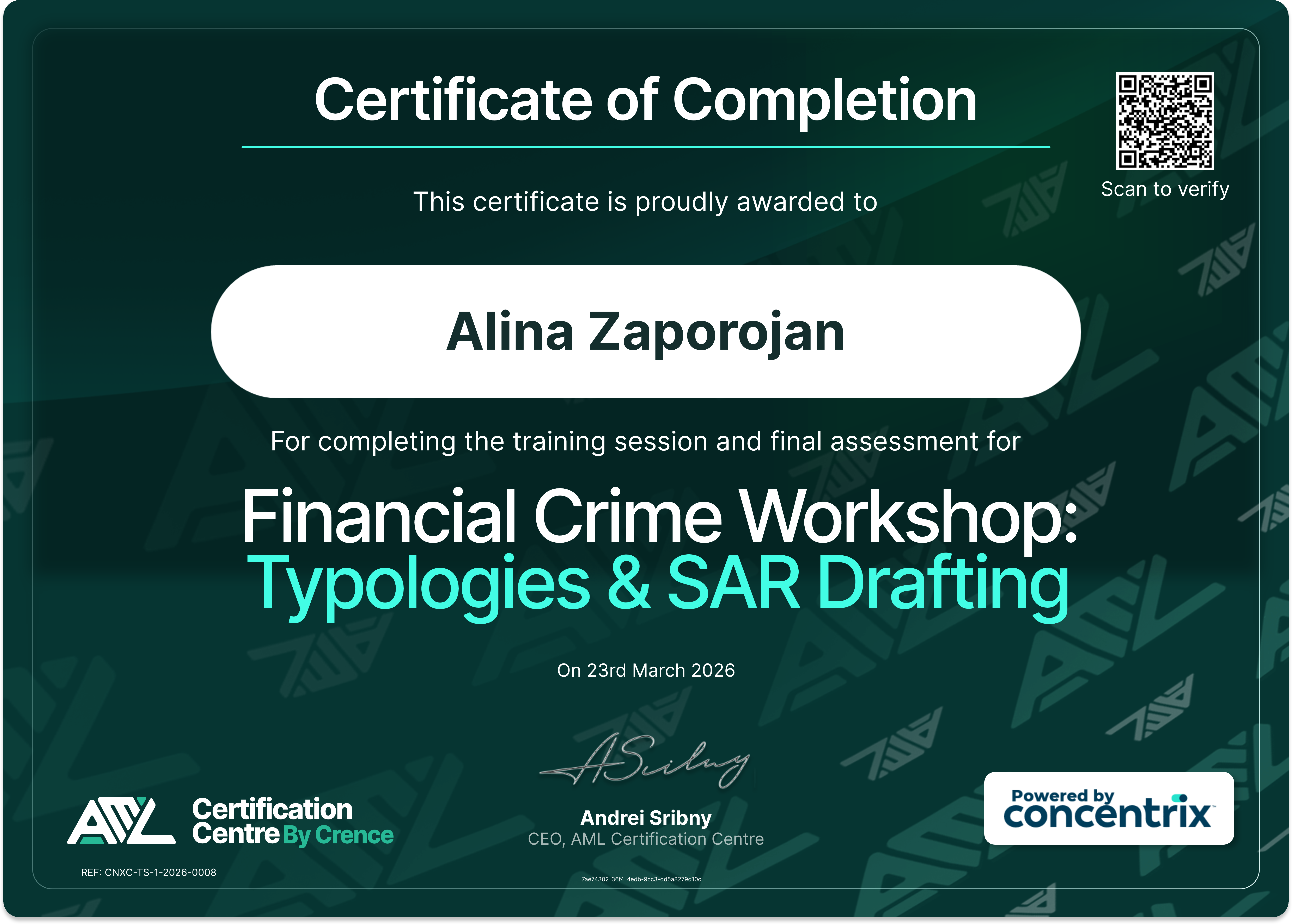 Certificate for Alina Zaporojan