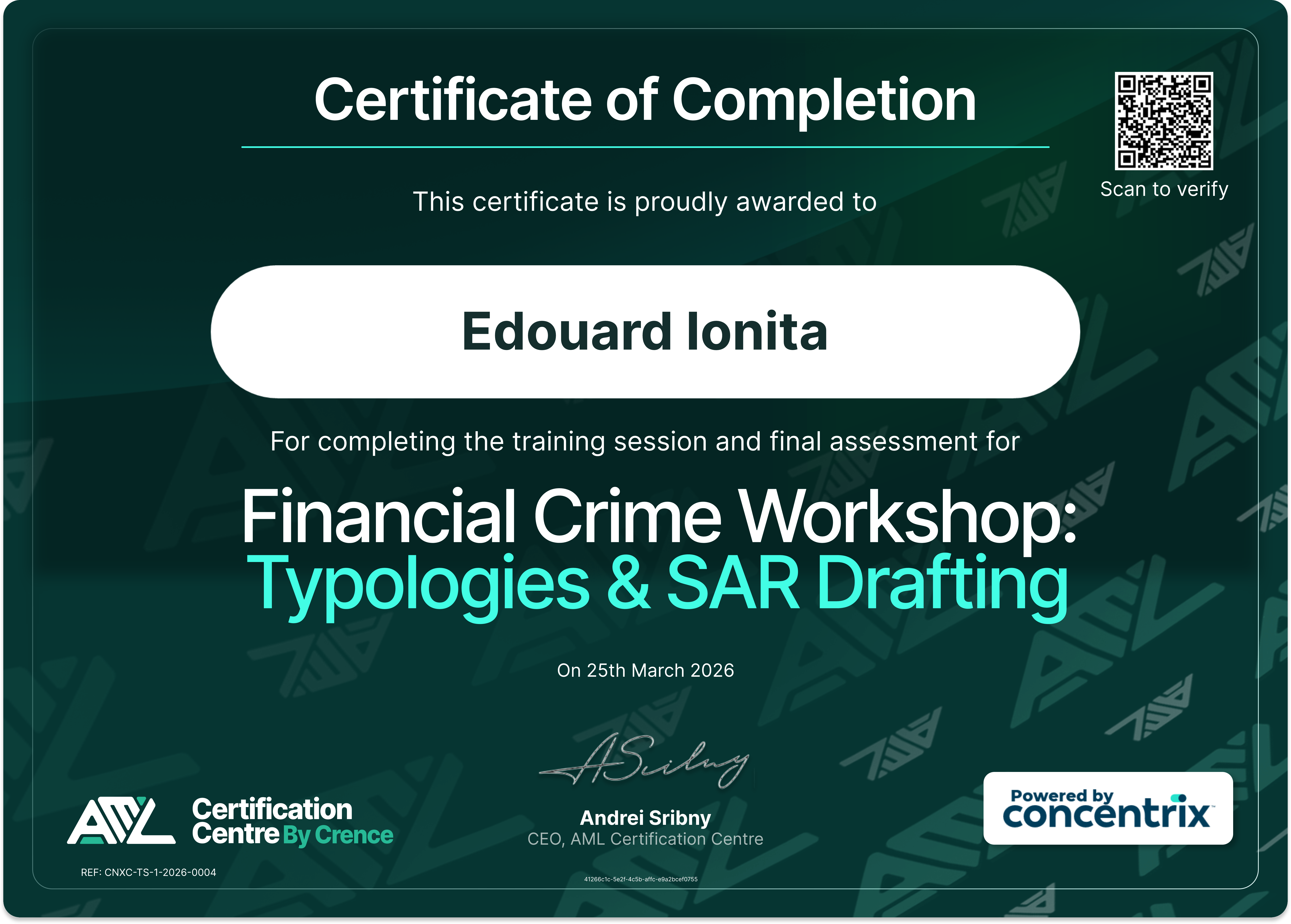 Certificate for Edouard Ionita