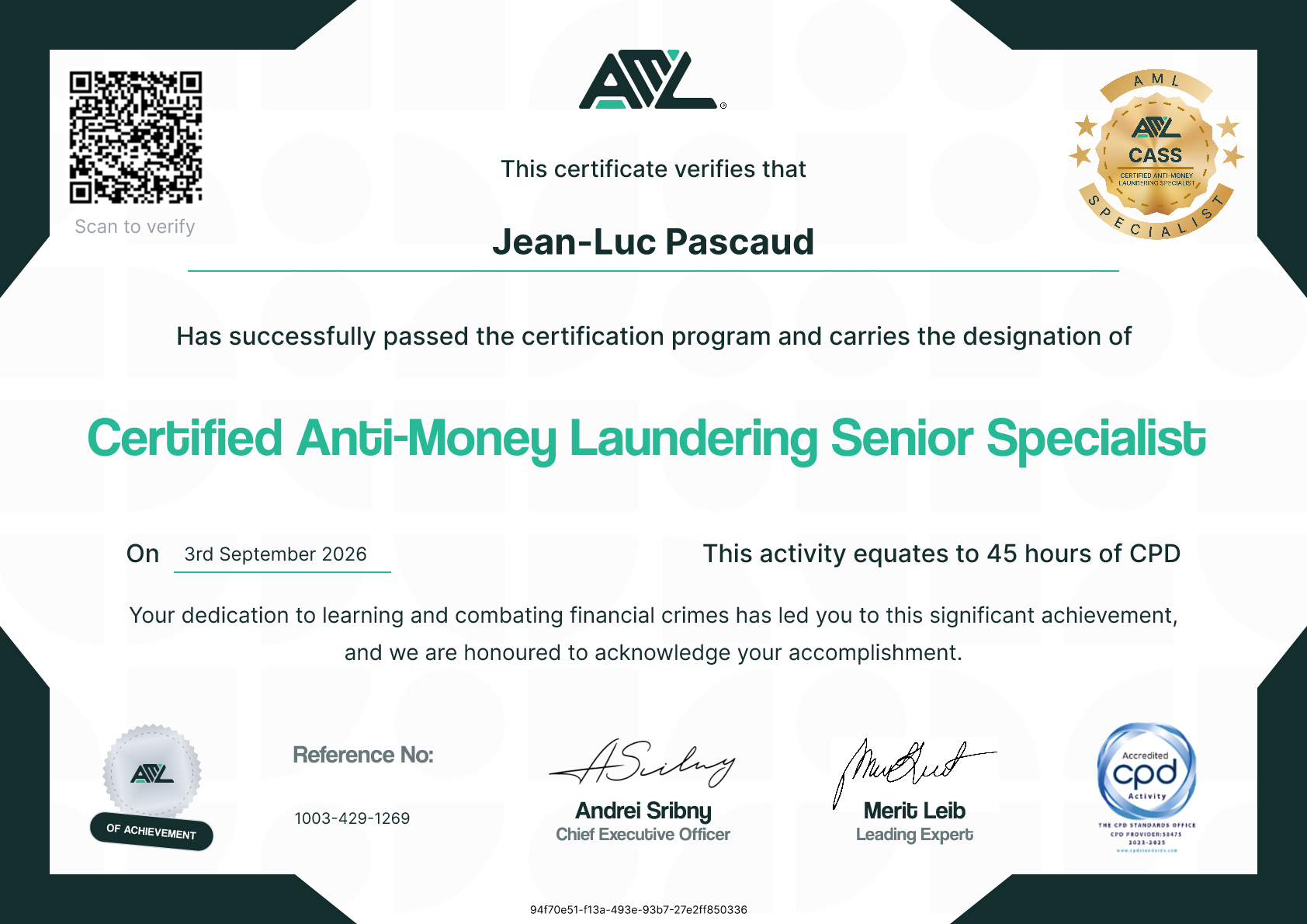 Certificate for Jean-Luc Pascaud