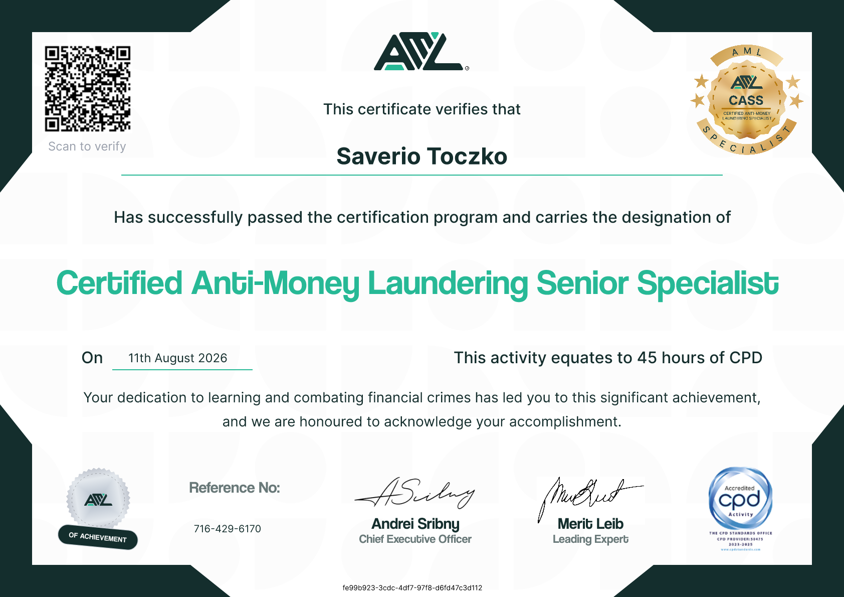 Certificate for Saverio Toczko