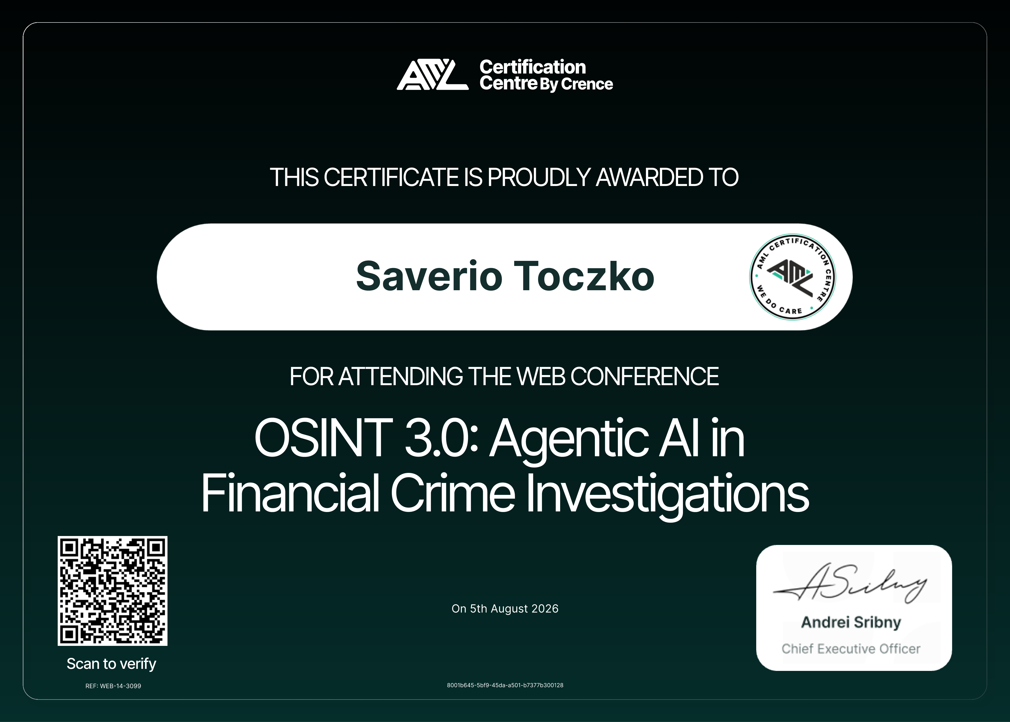 Certificate for Saverio Toczko