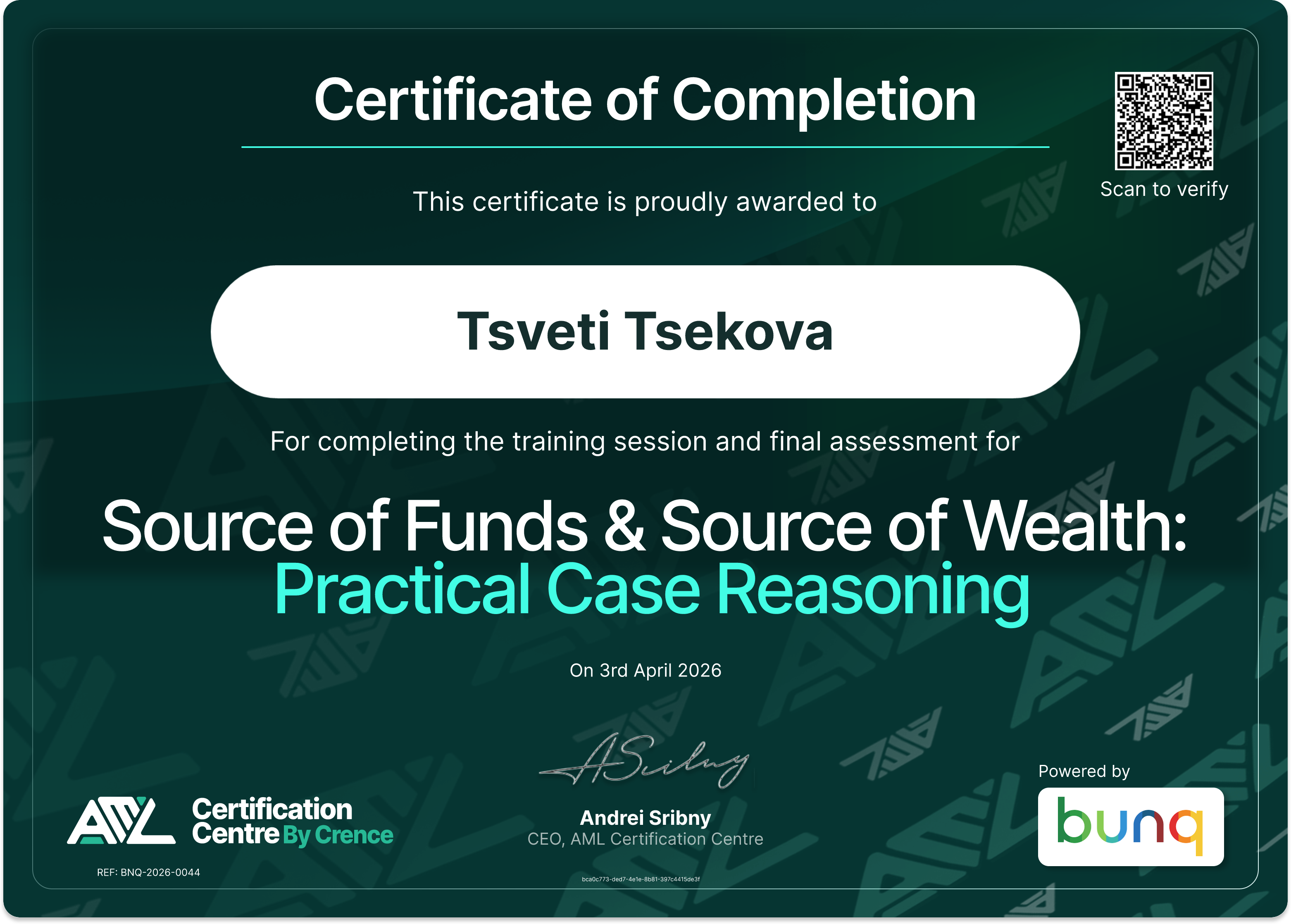 Certificate for Tsveti Tsekova