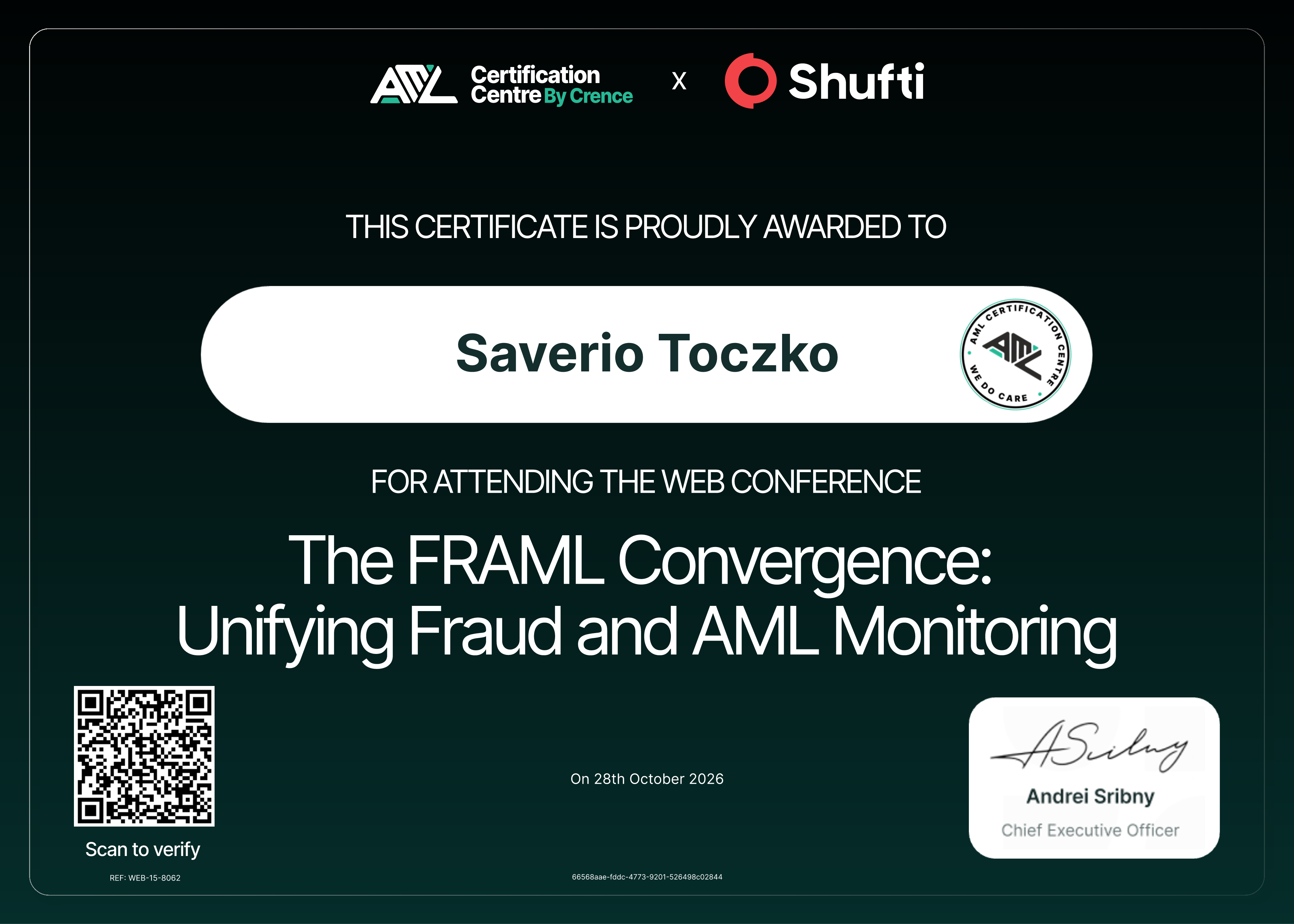 Certificate for Saverio Toczko