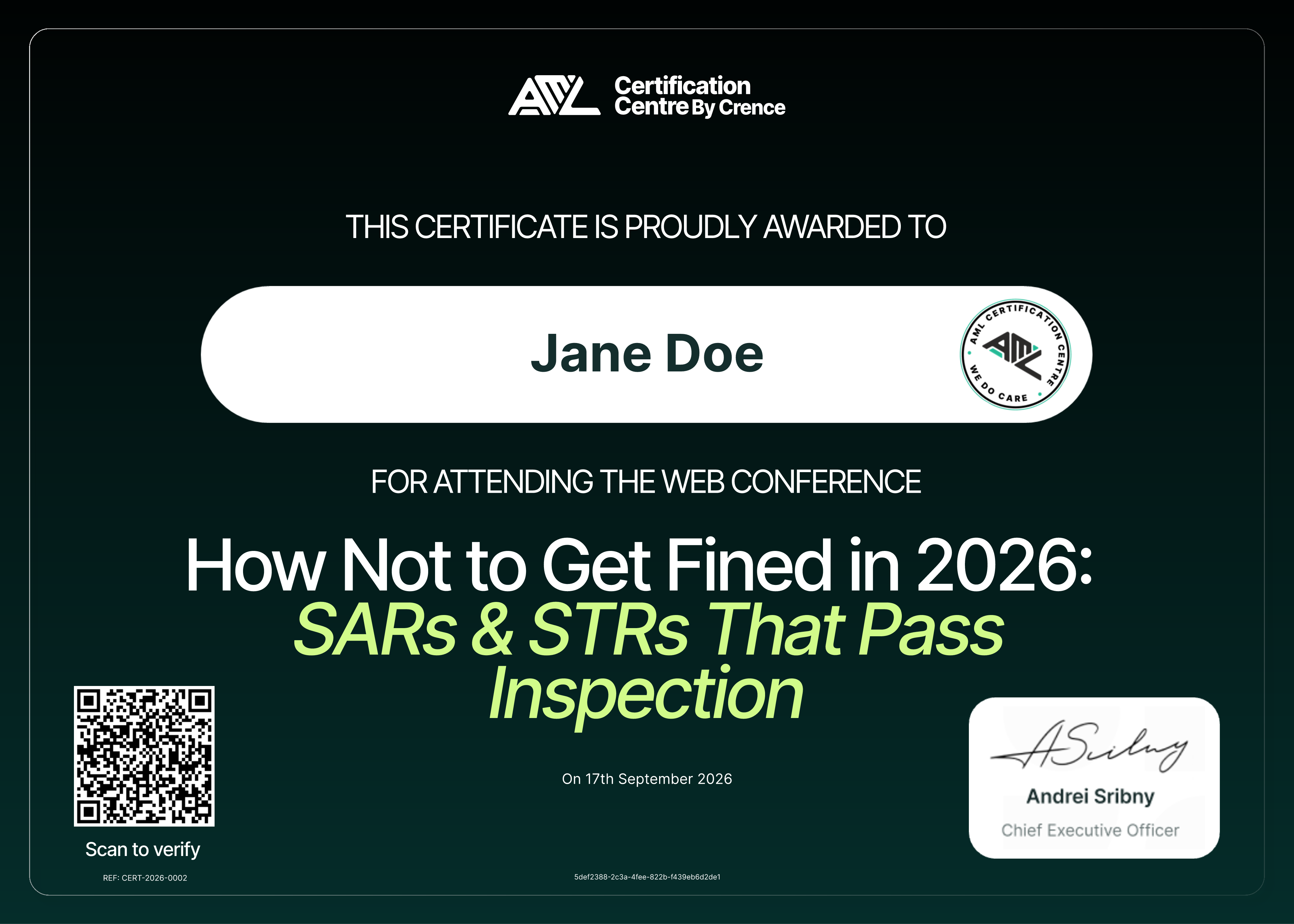 Example certificate for Jane Doe